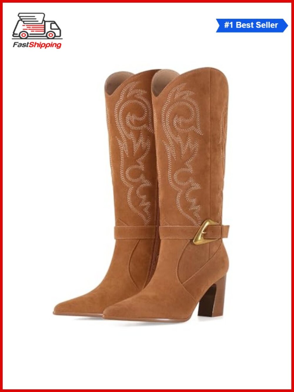 ✨ Western Cowboy Boots Knee High Pointed Toe Block Heel Faux Leather Women's